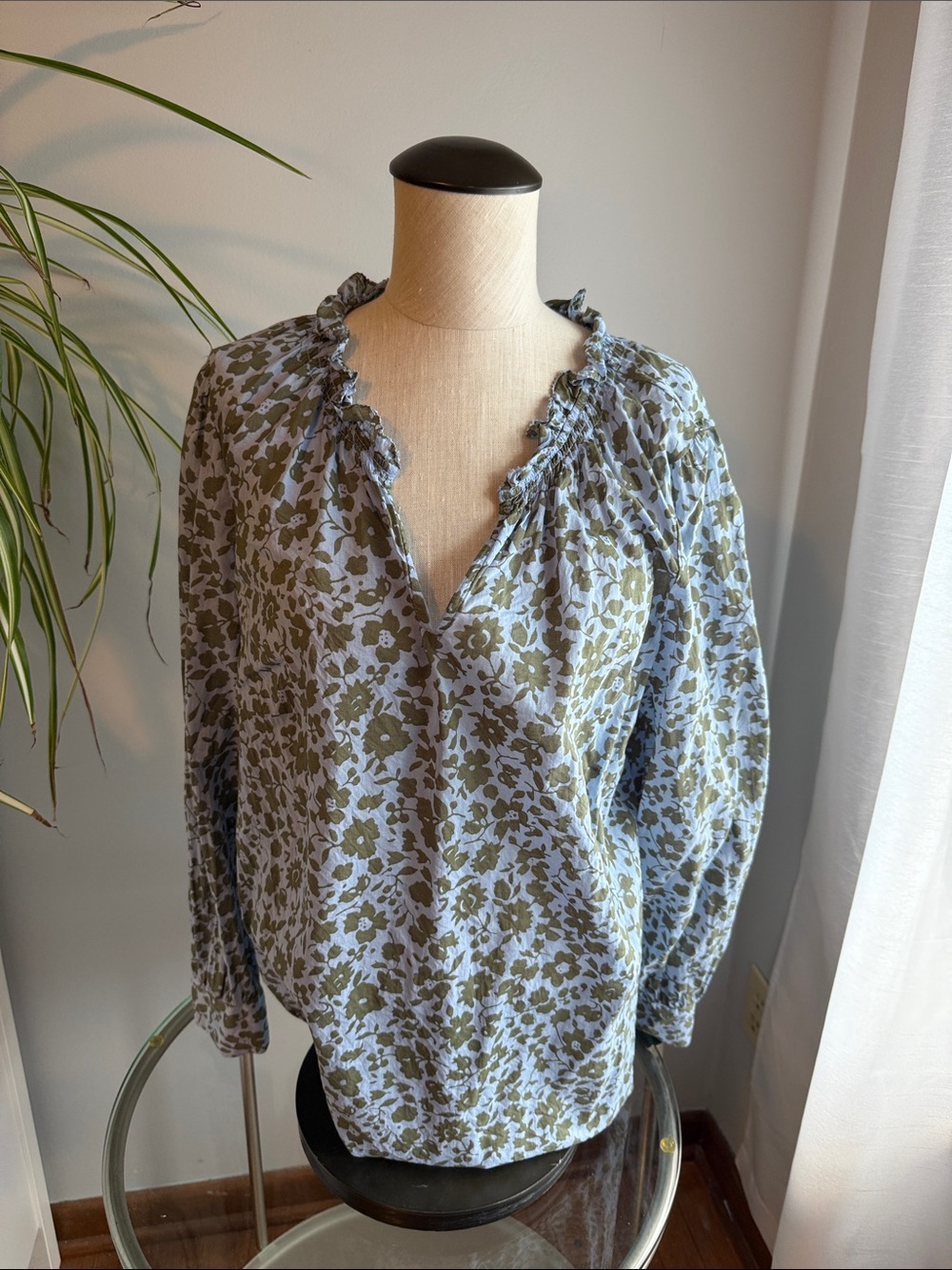 Talbots Women's Olive Floral V-Neck Ruffled Blouse